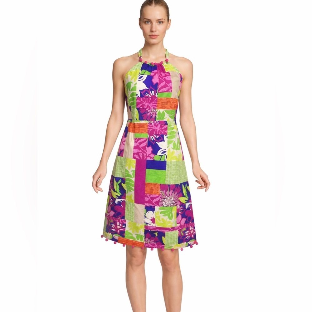 🩷Lilly Pulitzer patchwork halter dress  print with pom-pom trim.🩷SZ 2